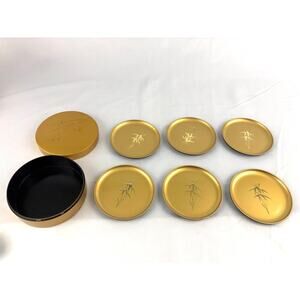 VTG Otagiri Original Gold Lacquer Coaster Set of 6 Bamboo Motif